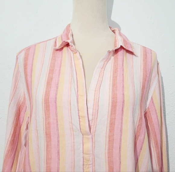 GAP Women’s Popover 100% Linen  Tunic Blouse Pink Multi Stripe Long Sleeve Large - Picture 2 of 11